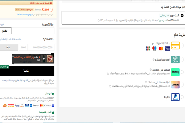 صفحة الدفع على شي إن
