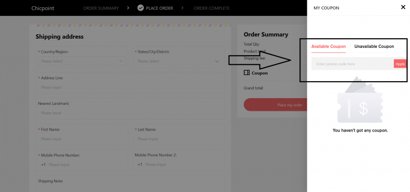 To save money on ChicPoint, apply the ChicPoint coupon from Almwafir into the box outlined in black!