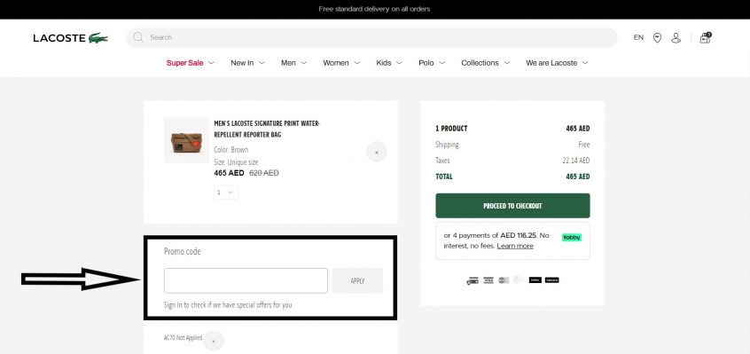 Save money by applying a Lacoste promo code from Almowafir into the box outlined in black!