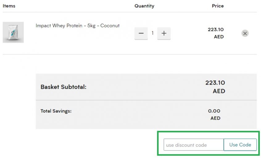 To save money on My Protein website, apply the My Protein discount code from Almowafir into the box outlined in green!